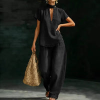 Solid-color Short-sleeve Casual Loose-fit Faux Denim Two-piece Set