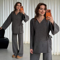 Long Sleeve V Neck Loose Top And Wide Leg Pants Set