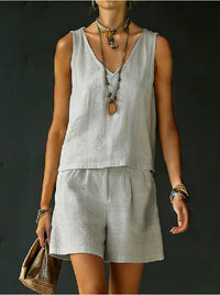 Sleeveless Linen Cotton Top Vest And Shorts Womens Solid Color Two-Piece Set