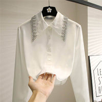 Long Sleeve Cardigan Short Rhinestone White Shirt
