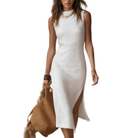Sleeveless Solid-Color Tank Top High-Slit Elegant Midi Knitted Dress