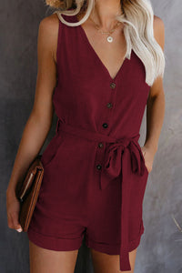 Women Playsuit Summer V Neck Sleeveless Button Belt Bow Casual Jumpsuit Solid Romper Elegant Tunic Short Overalls