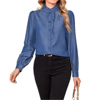 Denim French Retro Ruffle-Trimmed Shirt For Women High-End Elegant Style