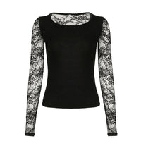 European And American Style Lace Stitching Sexy See-through Backless Short Top Round Neck Slim Fit Versatile Slimming