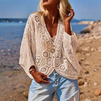 V-neck Hollow-out Knit Top With Three-quarter Sleevesloose-fit