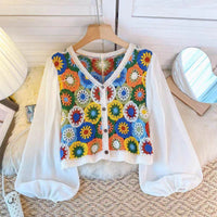 Thai Style Vacation Style Crocheted Hollow Design Knitted Chiffon Patchwork Long Sleeve Retro Slimming V-neck Cardigan For Women
