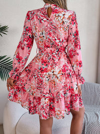 Women's Elegant Stand Collar Floral Print Tie Waist Long Sleeve Ruffle A-Line Skirt
