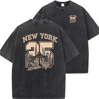 New Vintage Print Washed Short-sleeved T-shirt