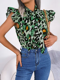 Women's Casual Leopard Print Ruffle Trim Tie Chiffon Blouse Top
