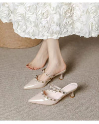 2026 Summer New Women's Rivet Pointed Toe High Heels, Stiletto Heel Open Back Sandals, One Strap Mules Slides For Outdoor