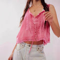 Solid-color Sweet Slim-fit Buttoned Lace-trimmed Patchwork Mini Vest Top