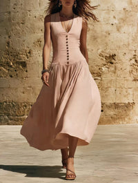 V-Neck Buttoned Chic Elegant Sleeveless Cotton-Linen Dress