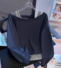 Large Size One-shoulder Cold-shoulder Striped Stitching False Two-piece Sweaters Women's Autumn New