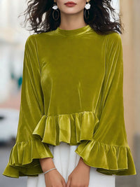 Womens Solid-Color Long-Sleeve Crew-Neck Ruffle-Trim Sweatshirt Top