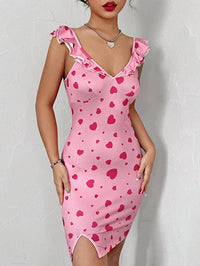 V-neck Elegant Dress With Heart Print