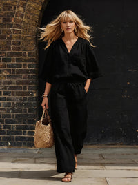Womens Simple Button-Up Top And Wide-Leg Pants Linen Two-Piece Set