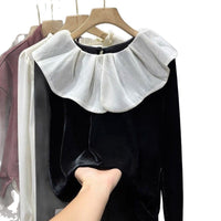 Lotus-Leaf Collar Patchwork Gold Velvet Shirt For Women