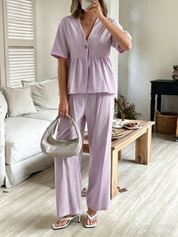 V-neck Loose-fit Short-sleeve Top And Wide-leg Pants Two-piece Set