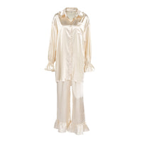 Womens Flounce-Trimmed Loose Long-Sleeve Top And Pants Two-Piece Set