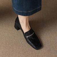 Womens Solid-color Square-toe Chunky-heel Sheepskin High Heels