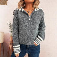 Simple Contrast Color Large Lapel Zipper Knitted Cardigan Loose Casual Sweater