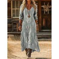 Boho Tie-Dye Watercolor Print V-Neck Long-Sleeve Maxi Dress