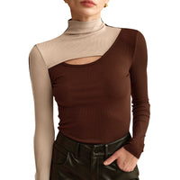 Womens Color-Block Mock Neck Hollow-Out Chic Defined-Waist Base Top