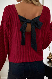 Contrast-color Satin Ribbon Bow Backless Drop-shoulder Long-sleeve Top