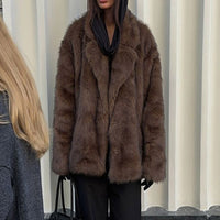 Solid Color Polo Collar Plush Faux Fur Coat