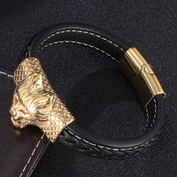 European And American-style Stainless Steel Braided Retro Animal Wolf Head Leather Bracelet
