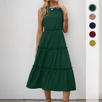 Simple Solid-Color Pleated Ruffle-Trimmed Sleeveless Dress