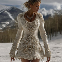 Women's Slim Fit Long Sleeved Short Dress With 3D Printing