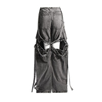 Multi-pocket Decorative Ribbon Design Hollow Cargo Jeans