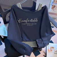 Large Size One-shoulder Cold-shoulder Striped Stitching False Two-piece Sweaters Women's Autumn New