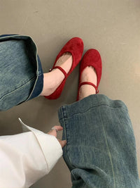 Women's Shallow Mouth Pumps Retro Round Head Soft Flat Bottom Suede