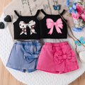 Sweet Cool Female Children's Suit Children Bow Print Sling Irregular Pantskirt