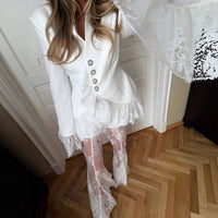 Womens Pure White Lace-Patchwork Suit Fashionable Two-Piece Set