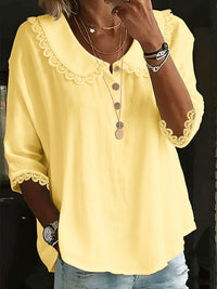 Fashionable Collar With Lace Trim, Solid-Color Button-Up Shirt