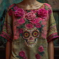 V-neck Elegant Artistic And Retro-style Short-sleeve Top