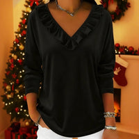 Womens Stylish Solid-Color Long-Sleeve Top With Ruffled V-Neck