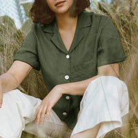 Women's Solid-Colored Cotton-Linen Pocketed Shirt