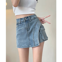 Retro Distressed Figure-flattering Asymmetrical A-line Mini Skirt