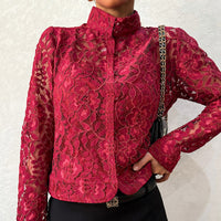Fashionable Lace Blouse For Women Cardigan-style Top With A Stand-up Collar