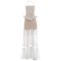 Womens Lace Jacquard Patchwork Long Halter Dress