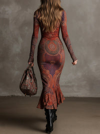 Retro Printed Zipper Long Sleeved Dress