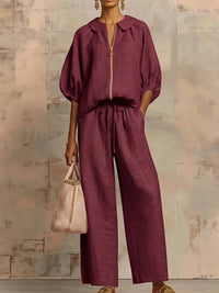 Solid-color Casual Loose-fitting Zip-up Sweatshirt And Straight-leg Pants Set