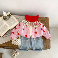 Autumn Baby Girl Infant Children's Pink Heart-shaped Large V-neck Knitted Coat Cardigan Cute Sweater