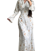 European And American Spring High-End French-Style V-Neck Satin Printed Maxi Dress