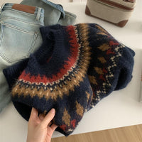 Loose Leisure All-matching Thick Warm Contrast Color Brocade Sweater
