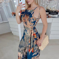 Sling plant print holiday style casual jumpsuit